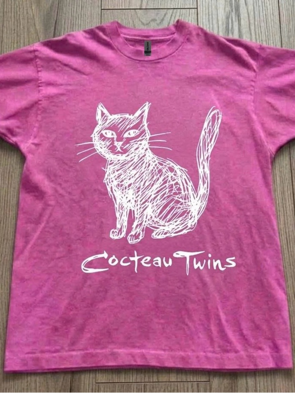 Gildan Pink Tee with White Sketch Cat Graphic